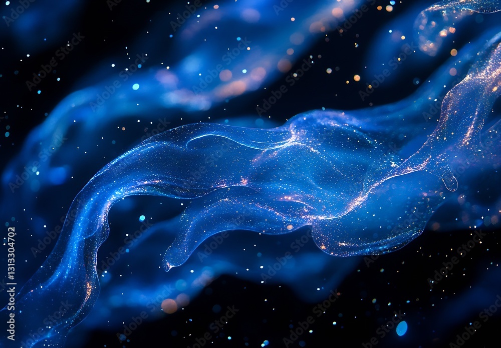 Poster stunning glowing blue cosmic wave effect with sparkling particles in a mysterious dark ocean : gener