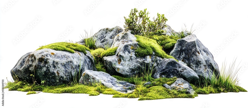 Poster Large moss covered stones intertwined with small greenery creating a serene outdoor setting : Generative AI