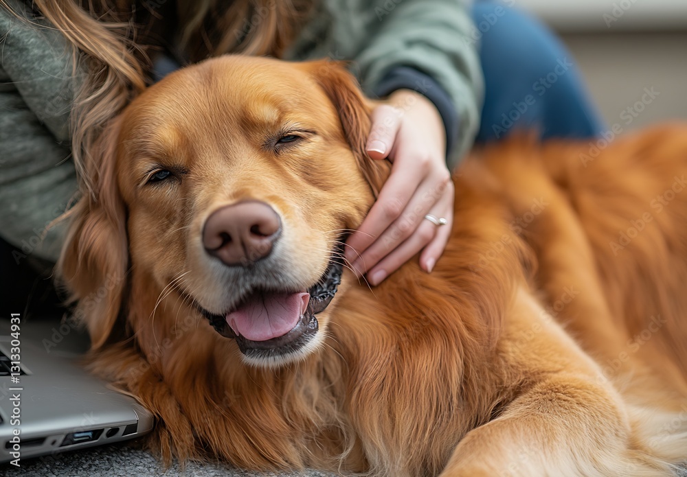 Aufkleber happy golden retriever enjoying affection while lounging near a laptop and smiling : generative ai