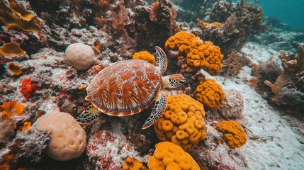 Fototapeta premium Colorful sea turtle swimming among vibrant coral reefs underwater paradise marine life ocean environment