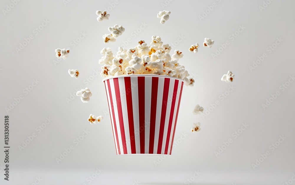 Poster gravity defying popcorn overflowing from a brightly striped container mid air : generative ai
