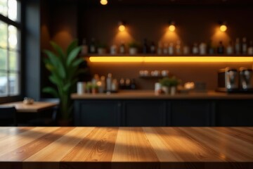 Fototapeta premium Clean wooden tabletop, glowing gold cafe backdrop Elegant, minimalist, dark ambiance , warm, shiny