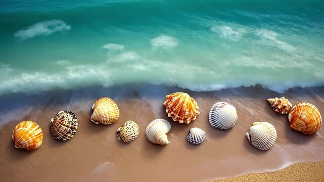 Seashells at the Shoreline: A picturesque collection of diverse seashells are arranged on the sandy beach, kissed by gentle waves, evoking the tranquility of coastal life. 