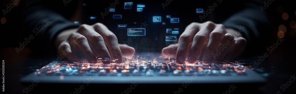 Poster A closeup of hands typing on a futuristic laptop keyboard surrounded by digital elements : Generative AI