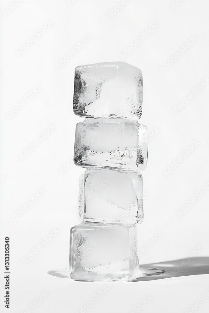 Poster Stack of crystal clear ice cubes arranged in a balanced tower against a pure white background : Generative AI