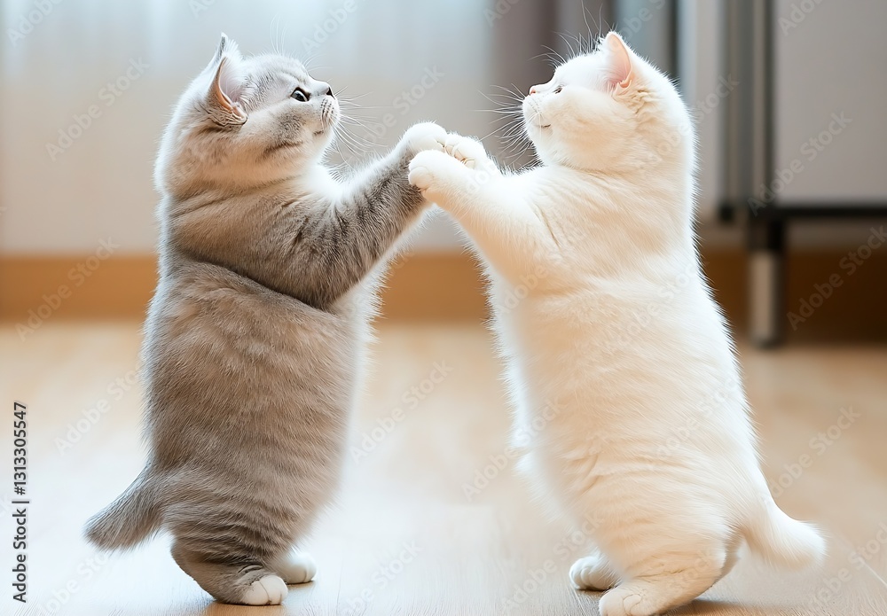 Poster Two fluffy kittens engaging in a charming playful interaction in a cozy indoor setting : Generative AI