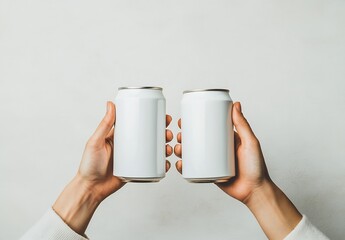 Two blank beverage cans held by hands against a neutral background ideal for branding mockups : Generative AI