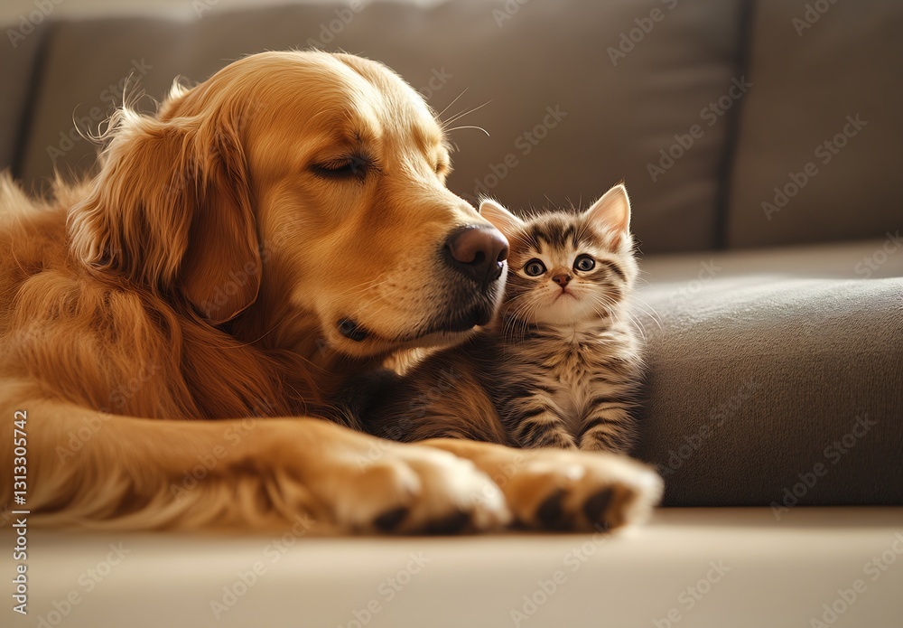 Poster adorable golden retriever snuggles with tiny kitten in cozy home setting : generative ai