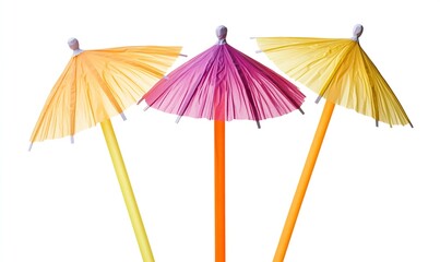 Obraz premium Set of three vibrant cocktail umbrellas in yellow pink and orange colors creating a festive and playful atmosphere : Generative AI