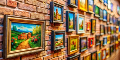 Miniature Wall Art Mockup: Tilt-Shift Photography of Colorful Paintings on a Brick Wall