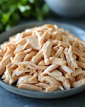 A close-up of juicy shredded chicken piled on a ceramic plate, with tender fibers visible. The background is a muted sky blue, complementing the warm tones of the chicken. Ample space is left
