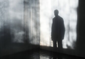 Obraz premium Mysterious silhouette of a person creating an enigmatic ambiance in a shadowy room : Generative AI
