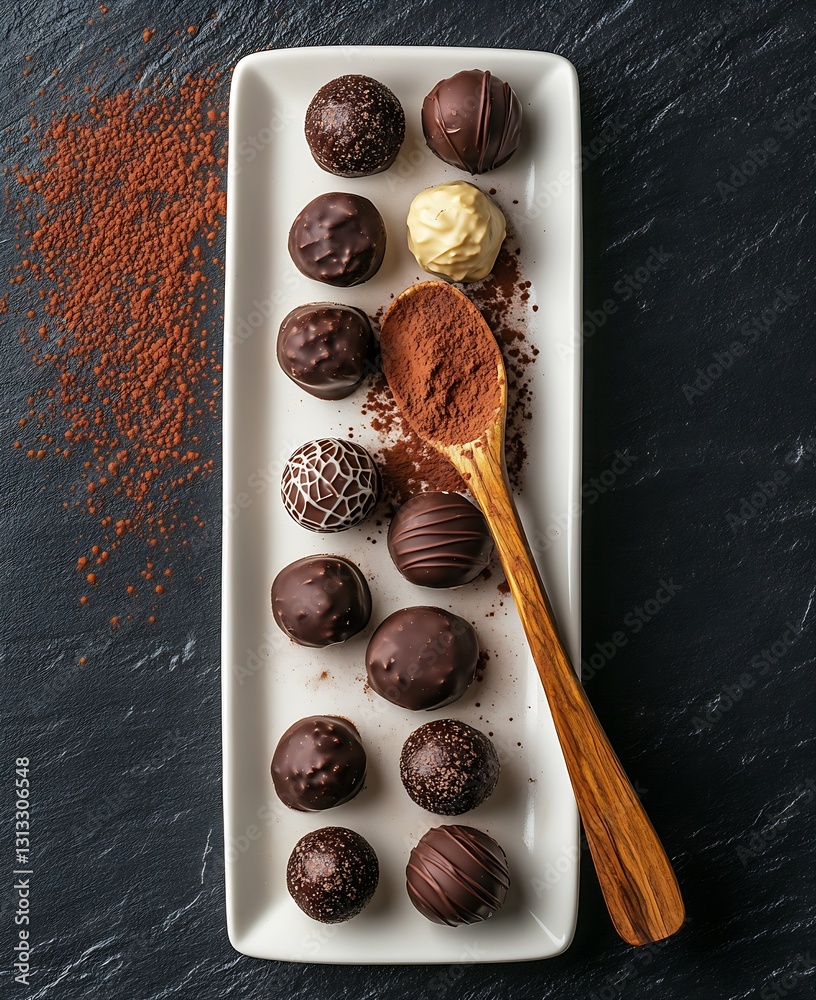 Poster decadent chocolate truffles arranged beautifully on a stylish platter with cocoa dust and spoon : ge