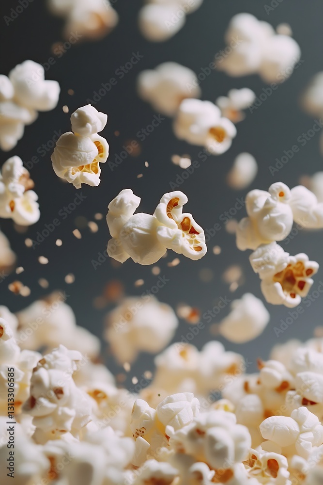 Aufkleber Light and Fluffy Popcorn Flying in MidAir Against a Textured Background Creating a Fun and Playful Mood : Generative AI