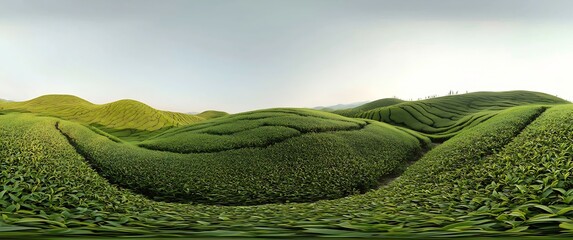 Obraz premium Lush green tea plantation landscape showcasing beautiful symmetrical curves under hopeful skies : Generative AI
