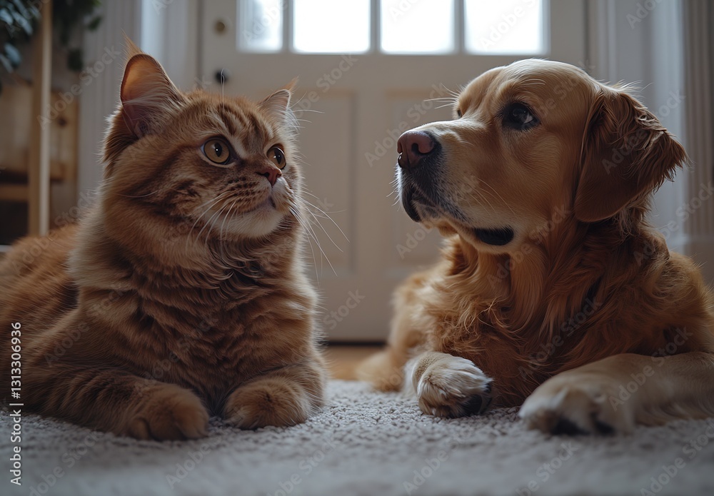 Poster playful ginger cat and golden retriever dog sharing a moment of connection in a bright indoor settin