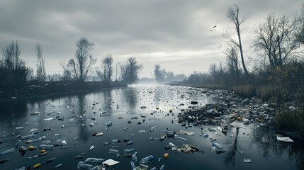 A polluted river filled with floating plastic bottles and waste, reflecting a gray sky.