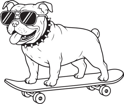 Bull dog wearing a sunglass riding a skateboard 