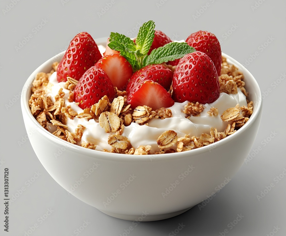 Aufkleber nutritious bowl of yogurt topped with strawberries and mint leaves presented on a gray background : 