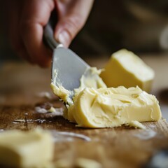 Homemade butter being shaped with soft diffused lighting and no background