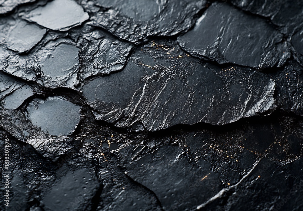 Leinwandbilder Artistic closeup of a textured black surface featuring rugged layers and abstract patterns : Generative AI