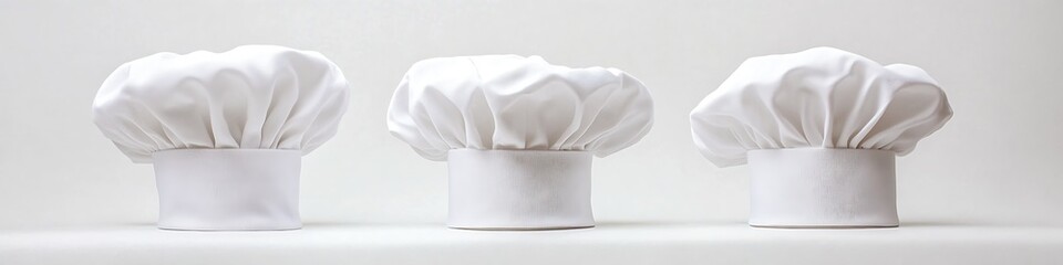 Three pristine chef hats displayed together emphasizing their role in fashion and culinary artistry in the kitchen : Generative AI