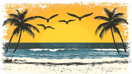 Obraz premium Tropical paradise sunset scene featuring palm trees ocean waves and soaring birds evokes a sense of tranquility and summer vacation vibes