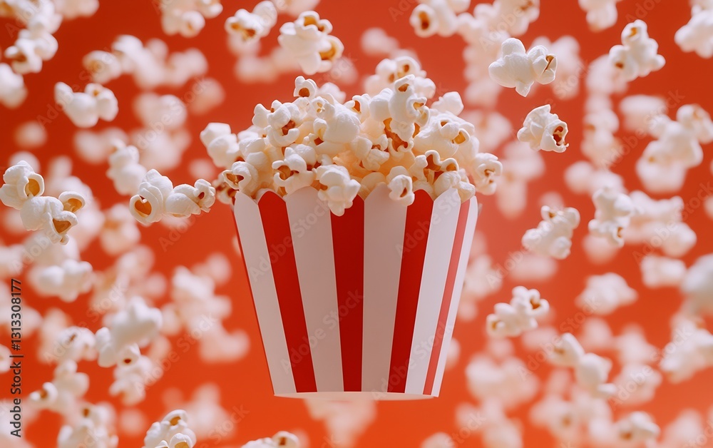 Poster Exciting and Colorful Popcorn Erupting from a Classic Red and White Striped Container : Generative AI