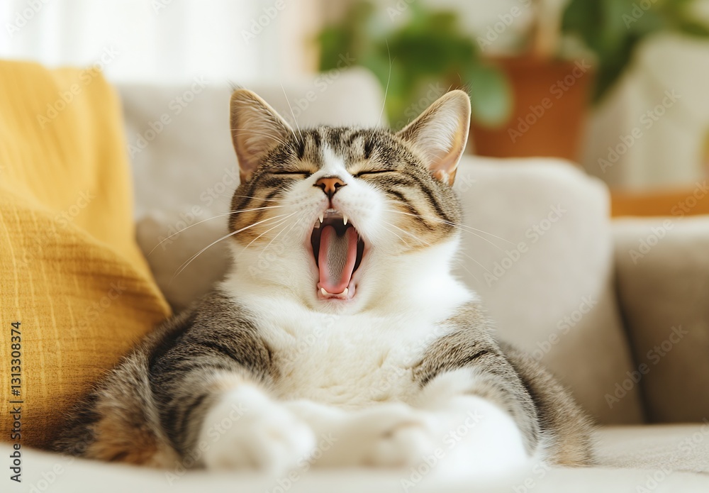 Poster Sleepy tabby cat yawning widely while lounging on a comfortable couch with a cheerful demeanor : Generative AI