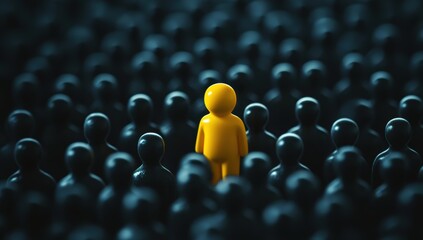 Obraz premium Yellow figure standing out from a crowd of black figures symbolizing individuality uniqueness leadership and standing apart from the masses in a concept of distinction