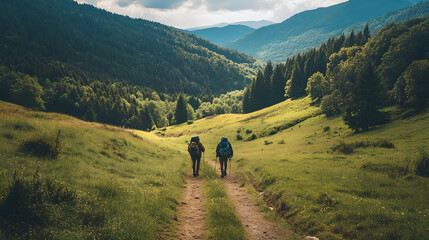 Obraz premium Hiking in Mountain Forest and Green Field