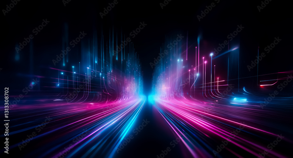Poster Abstract background with vibrant blue and pink light streaks converging towards a central point, creating a dynamic and futuristic perspective on a dark backdrop.