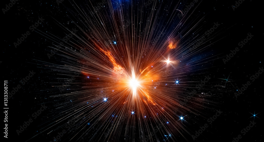Poster abstract background showing a bright burst of light with radiating lines, resembling cosmic energy a