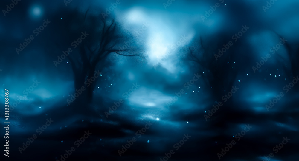 Poster abstract background featuring a night scene with silhouettes of trees under a dark blue sky with glo