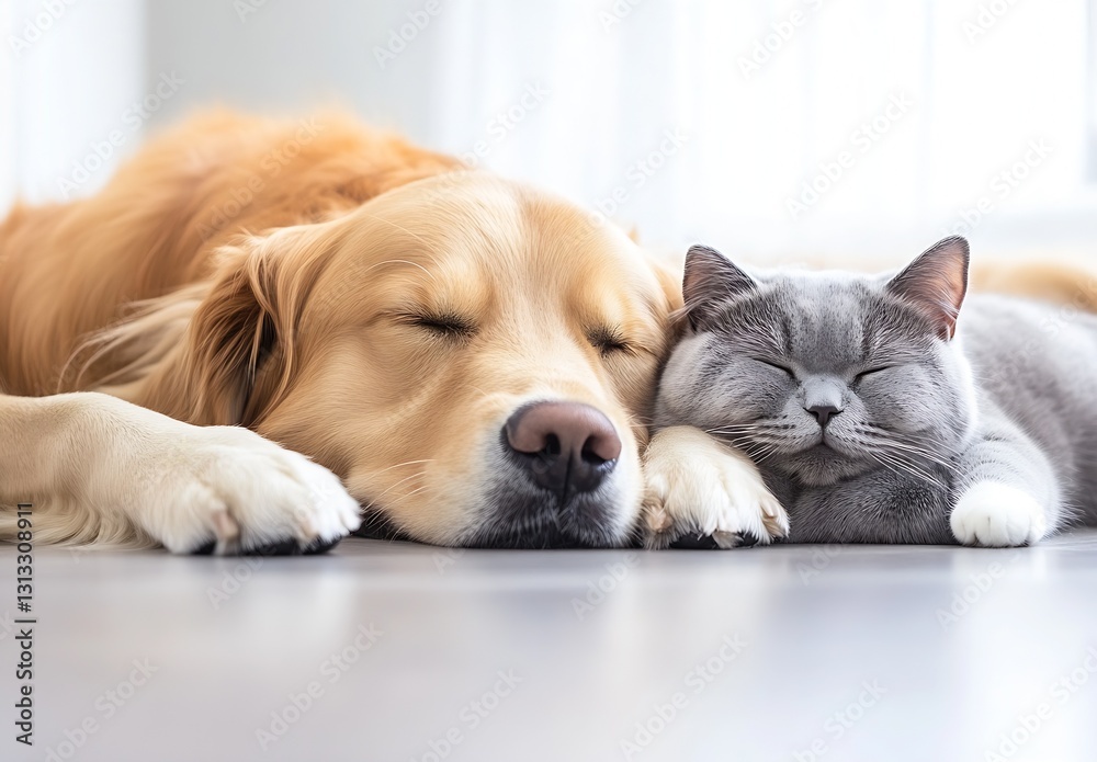 Poster golden retriever and gray cat peacefully napping side by side in bright room : generative ai