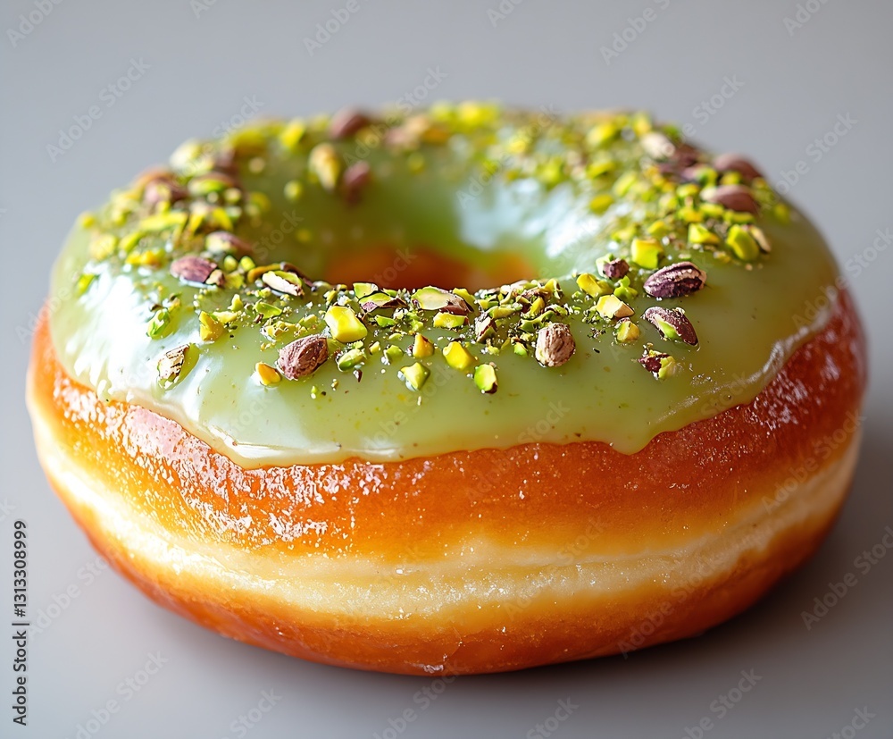 Poster tempting pistachio donut featuring glossy green icing and topped with crunchy nuts ready to savor : 