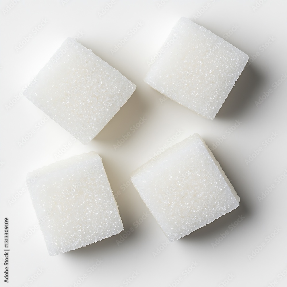 Poster four sugar cubes arranged in a neat formation on a clean white surface for culinary use : generative