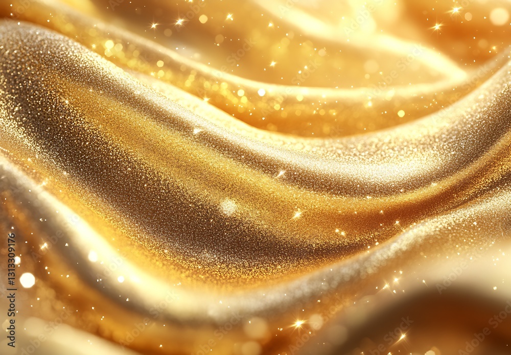 Poster Shimmering golden fabric waves with sparkling lights creating a luxurious texture and ambiance : Generative AI