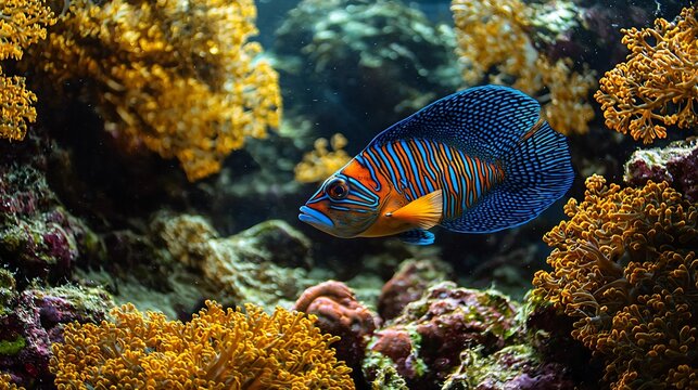 Stunning Harlequin Tuskfish patrolling a colorful coral reef its vivid blue and orange stripes shining against the marine backdrop