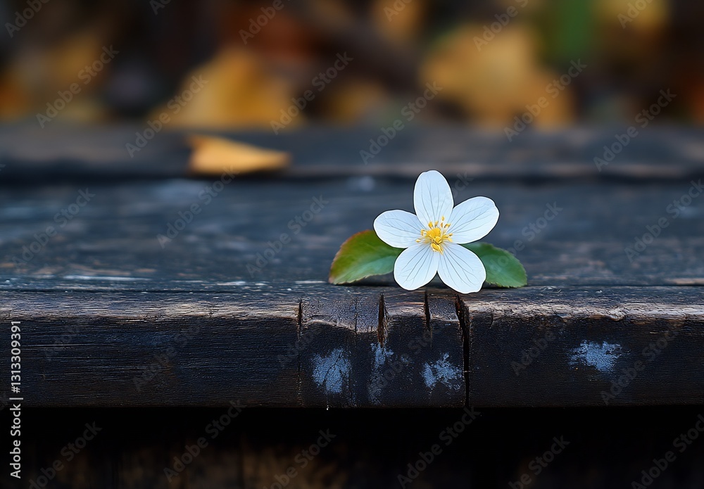 Poster delicate white flower resting on a rustic wooden surface surrounded by autumn leaves and textures : 