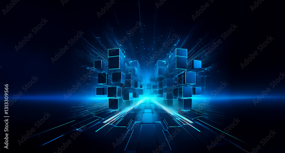 Poster abstract background featuring illuminated blue cubes symmetrically arranged, emitting bright light b