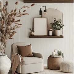 Cozy farmhouse decor mockup featuring minimalist design. 