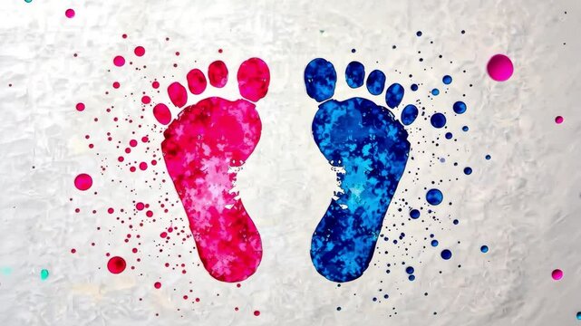 Brightly colored footprints stand out against a white background, surrounded by vibrant paint splatters