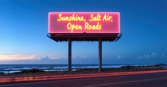 Naklejki Massive neon billboard sunshine salt air open roads electric blue warm coral standing along winding coastal highway