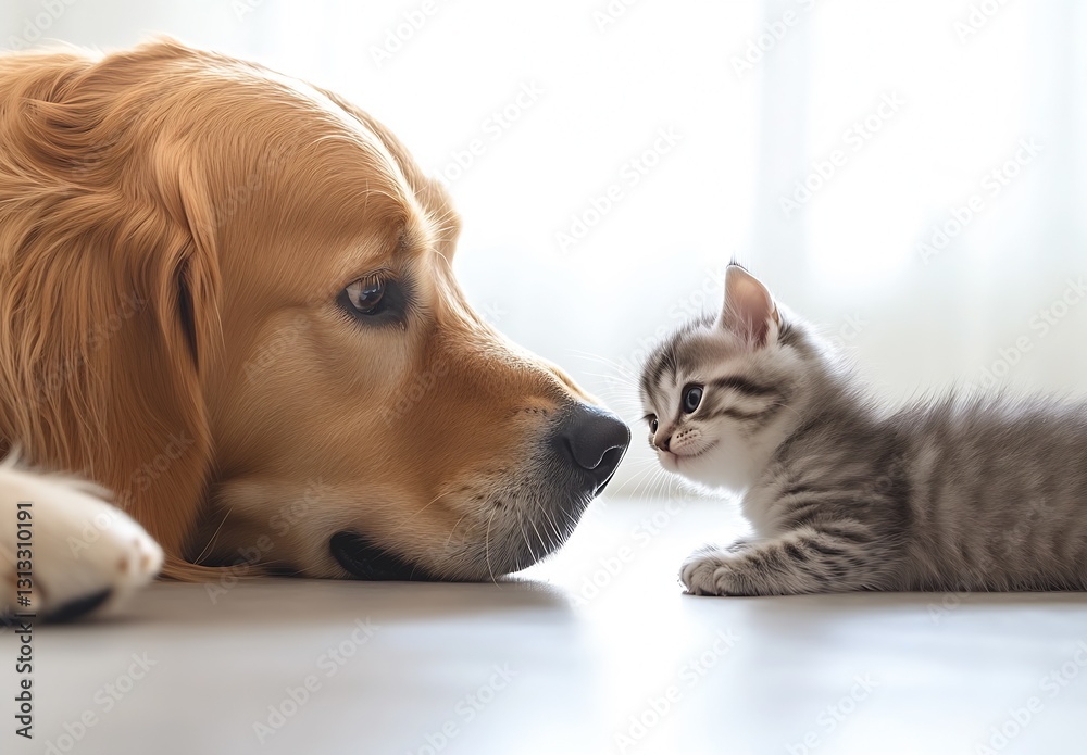 Poster tender moment of kitten and golden retriever face to face in soft natural light : generative ai