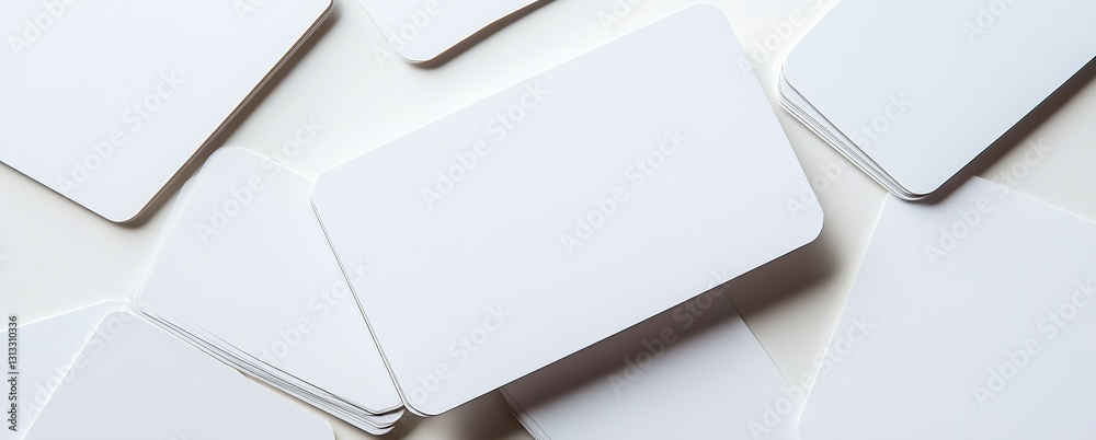 Poster flat lay of blank white business cards scattered on a surface presenting a clean and minimalist desi