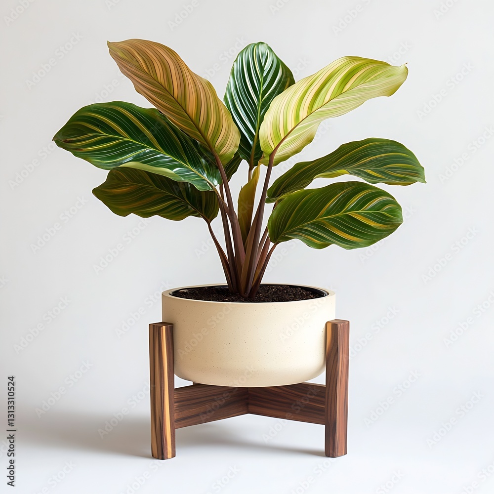 Poster stylish potted plant with striking leaf patterns on a minimalist wooden stand : generative ai