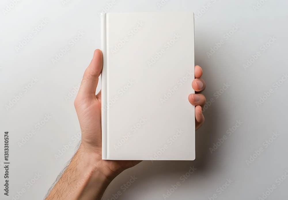 Aufkleber Blank white notebook being hold by a hand with soft shadows on a light background : Generative AI