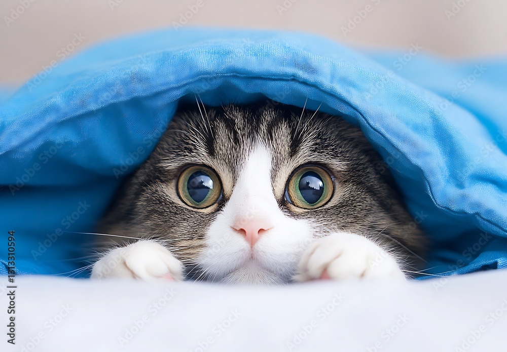 Aufkleber curious cat peeking out from under a blue blanket with bright eyes and a playful demeanor : generati