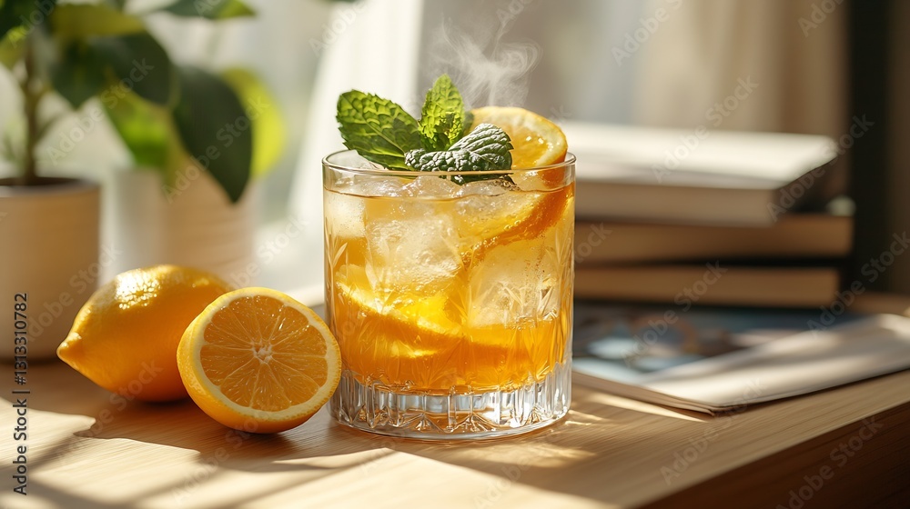 Leinwandbilder refreshing drink with lemon and mint served in a stylish glass on a sunny table setting : generative